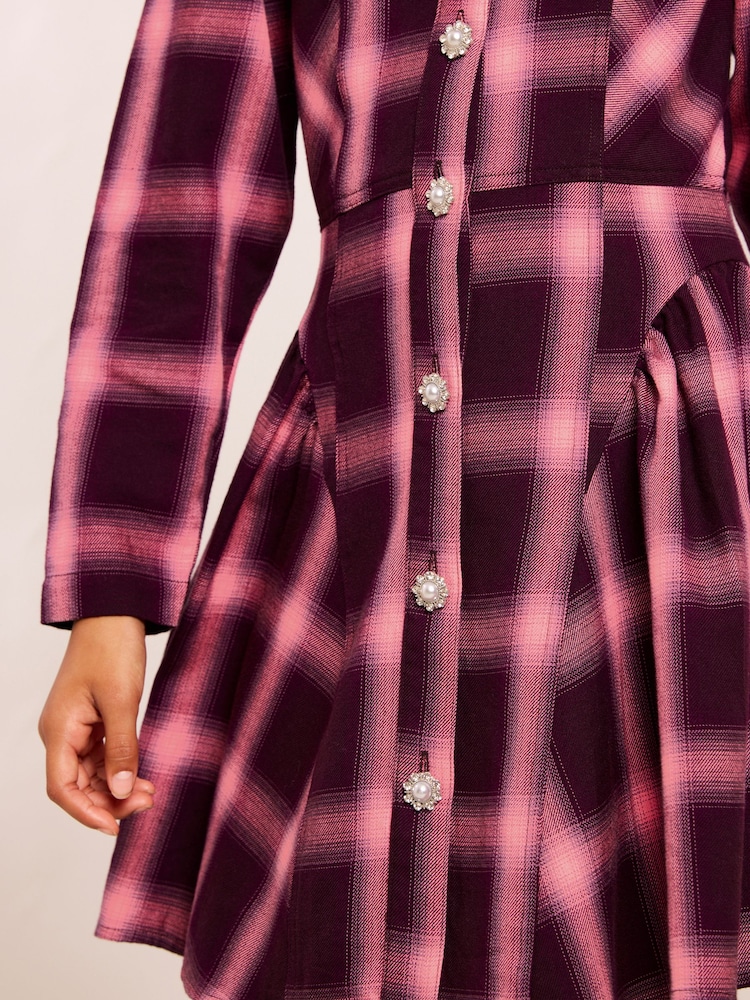 Lipsy Pink Diamante Button Check Dress (5-16yrs) - Image 2 of 5