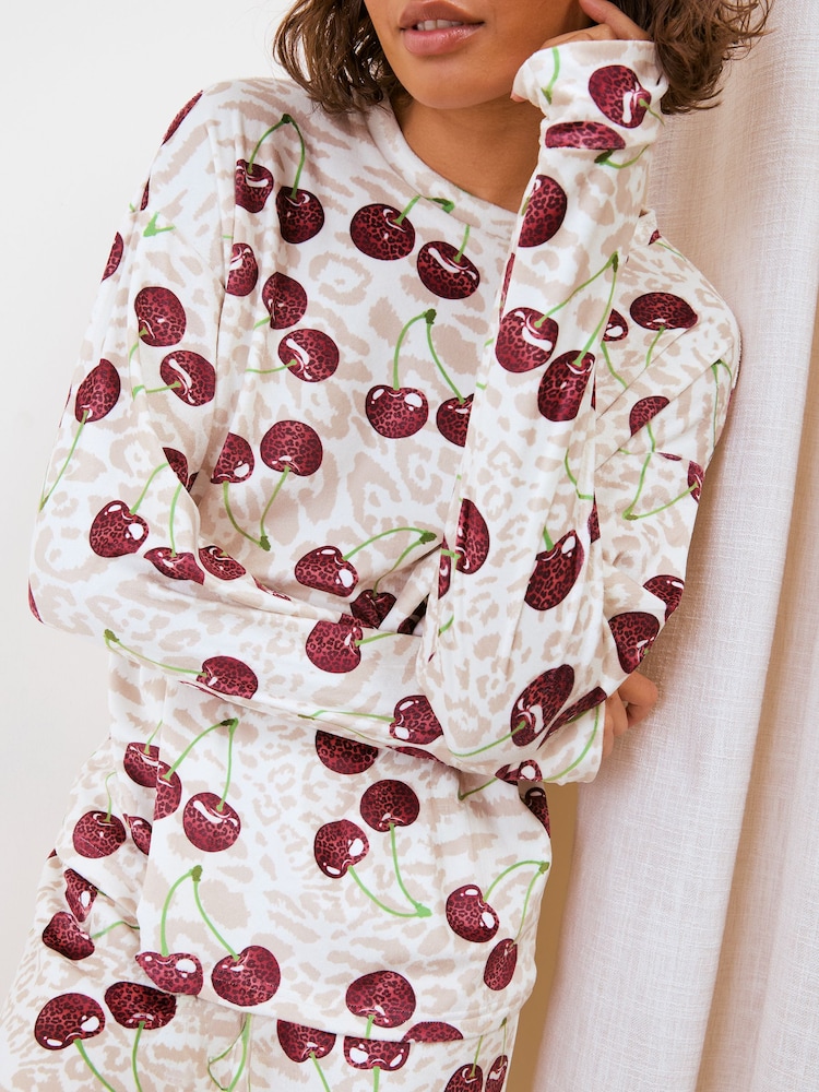 Friends Like These Neutral Cherry Animal Long Sleeve Cosy Jogger Pyjamas - Image 2 of 5 Friends Like These Neutral Cherry Animal Long Sleeve Cosy Jogger Pyjamas - Image 2 of 5