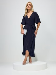Yours Curve Navy Blue London Ruffle Hem Wrap Dress - Image 1 of 5