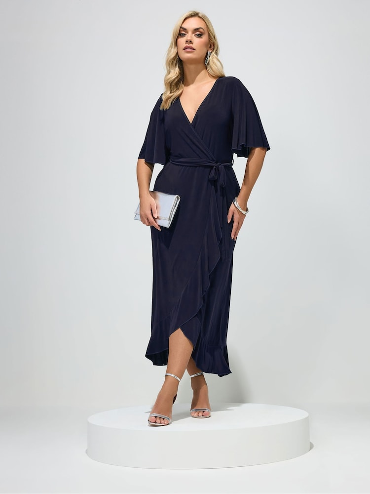 Yours Curve Navy Blue London Ruffle Hem Wrap Dress - Image 1 of 5