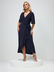 Yours Curve Navy Blue London Ruffle Hem Wrap Dress - Image 2 of 5