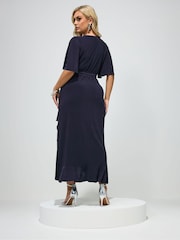 Yours Curve Navy Blue London Ruffle Hem Wrap Dress - Image 3 of 5