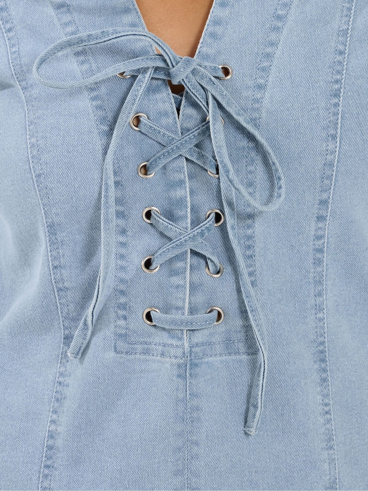 PixieGirl Petite Blue Blue Stretch Denim Lace Up Dress - Image 4 of 4