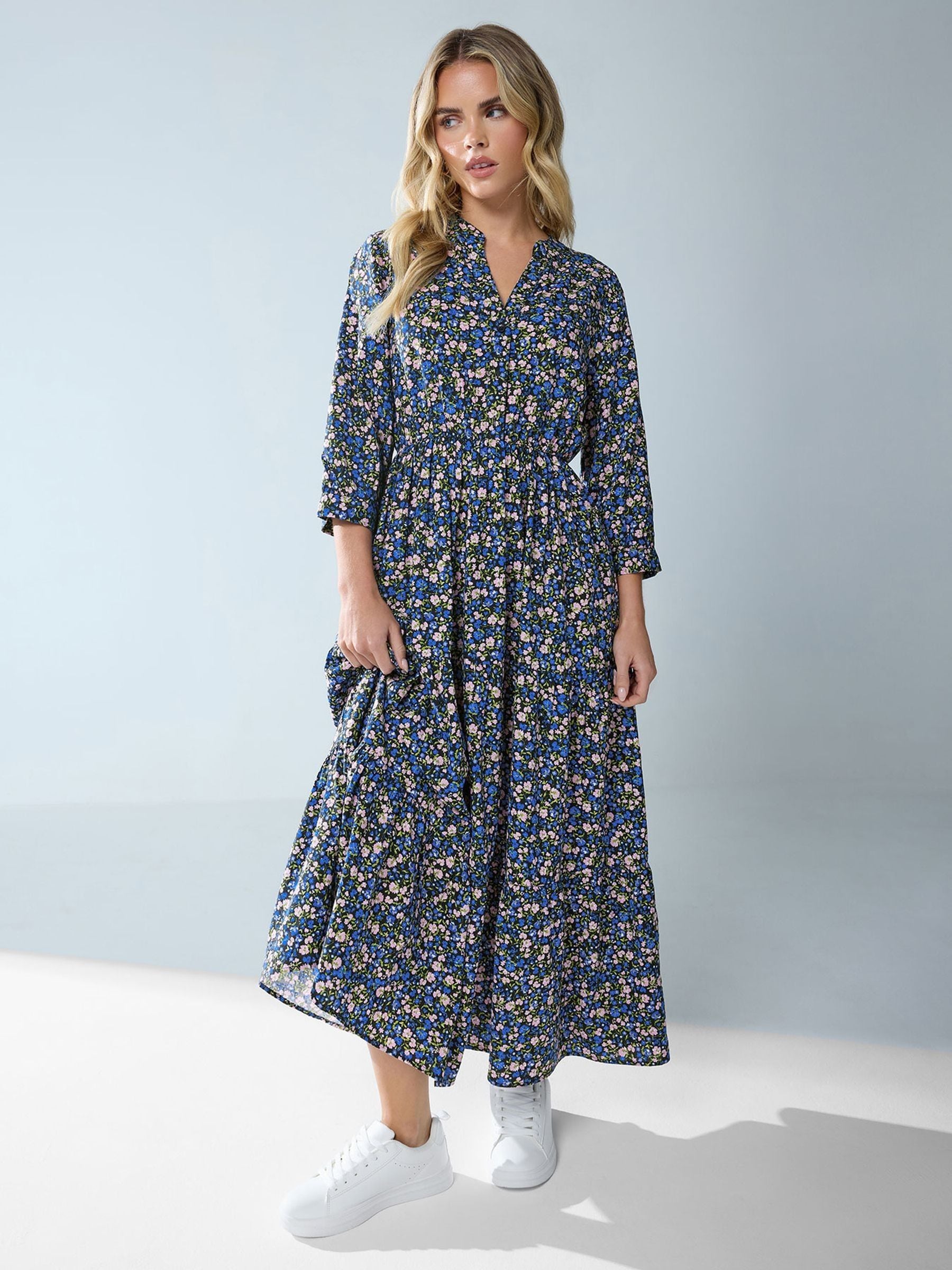 M & Co Women's Blue Petite Ditsy Tiered Dress
