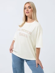 Yours Curve White Limited Summer Days Puff Ditsy T-Shirt - Image 1 of 4