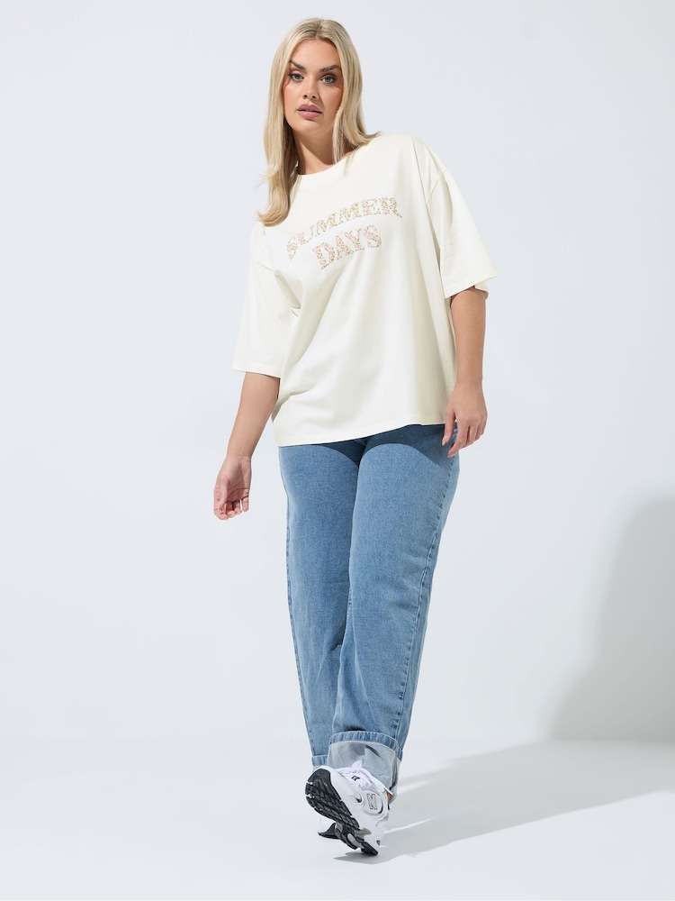Yours Curve White Limited Summer Days Puff Ditsy T-Shirt - Image 2 of 4 Yours Curve White Limited Summer Days Puff Ditsy T-Shirt - Image 2 of 4