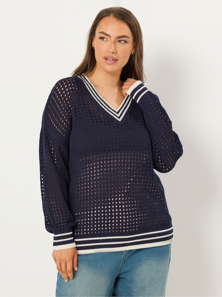 Yours Curve Blue Open Stitch V-Neck Jumper With Tipping - Image 1 of 5 Yours Curve Blue Open Stitch V-Neck Jumper With Tipping - Image 1 of 5