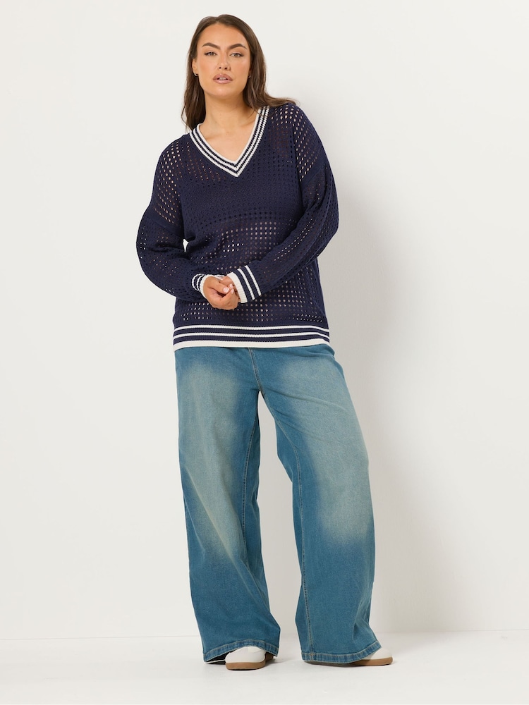 Yours Curve Blue Open Stitch V-Neck Jumper With Tipping - Image 2 of 5 Yours Curve Blue Open Stitch V-Neck Jumper With Tipping - Image 2 of 5