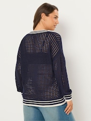 Yours Curve Blue Open Stitch V-Neck Jumper With Tipping - Image 3 of 5