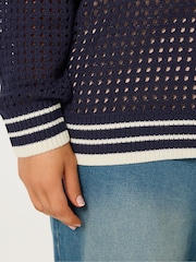 Yours Curve Blue Open Stitch V-Neck Jumper With Tipping - Image 4 of 5