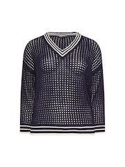 Yours Curve Blue Open Stitch V-Neck Jumper With Tipping - Image 5 of 5