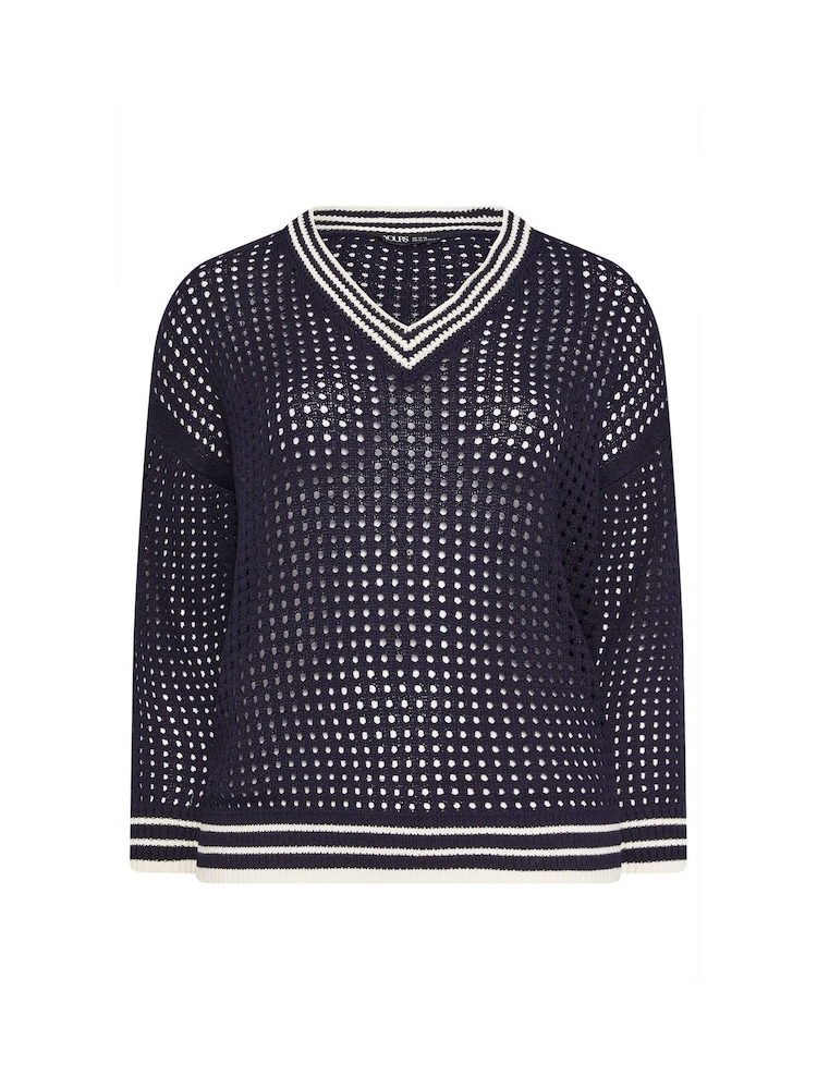 Yours Curve Blue Open Stitch V-Neck Jumper With Tipping - Image 5 of 5 Yours Curve Blue Open Stitch V-Neck Jumper With Tipping - Image 5 of 5