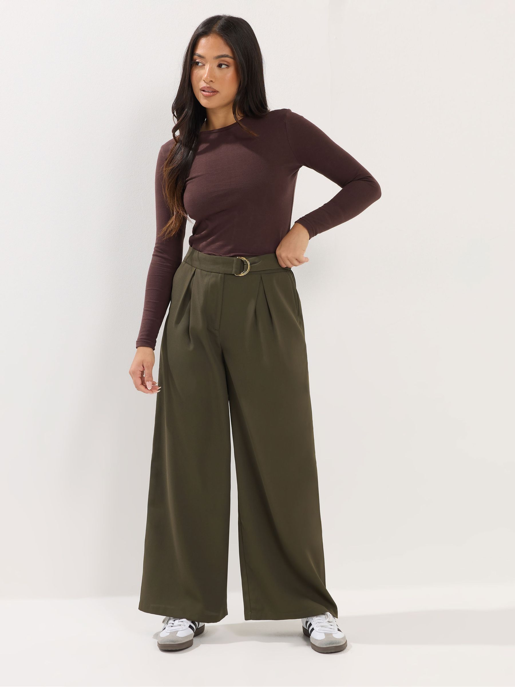 Pixiegirl Petite Women's Green Self Belt Buckle Wide Leg Trousers