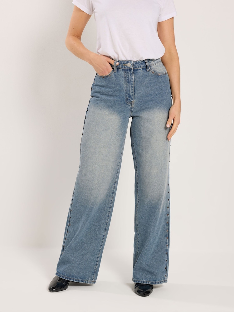 Long Tall Sally Blue Studded Detail Wide Leg Jeans - Image 2 of 5 Long Tall Sally Blue Studded Detail Wide Leg Jeans - Image 2 of 5