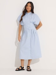 PixieGirl Petite Blue Striped Cinch Waist Shirt Dress - Image 1 of 5
