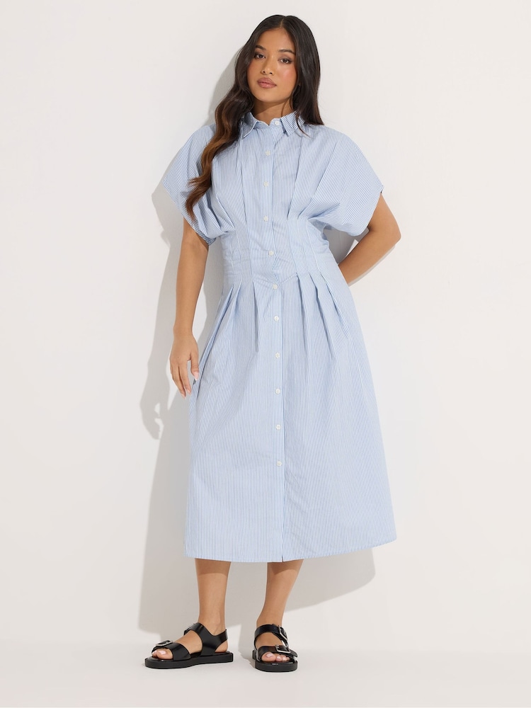 PixieGirl Petite Blue Striped Cinch Waist Shirt Dress - Image 1 of 5