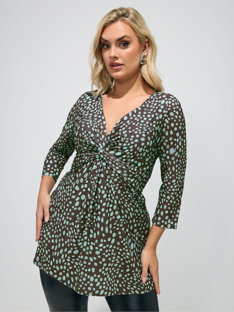 Yours Curve Chocolate Brown Markings Print London Knot Front Tunics - Image 1 of 5 Yours Curve Chocolate Brown Markings Print London Knot Front Tunics - Image 1 of 5