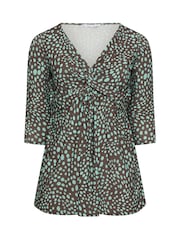 Yours Curve Chocolate Brown Markings Print London Knot Front Tunics - Image 5 of 5