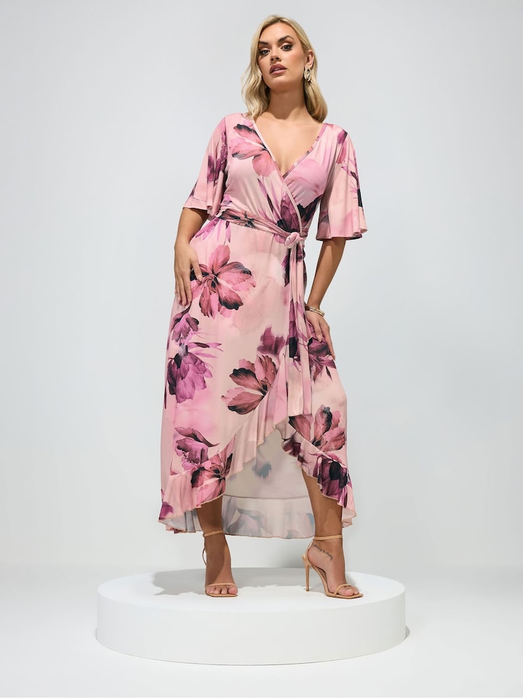 ピンク - Yours Curve London ぼかしフローラル ラップ フリル ITY ドレス - 画像 1 / 4