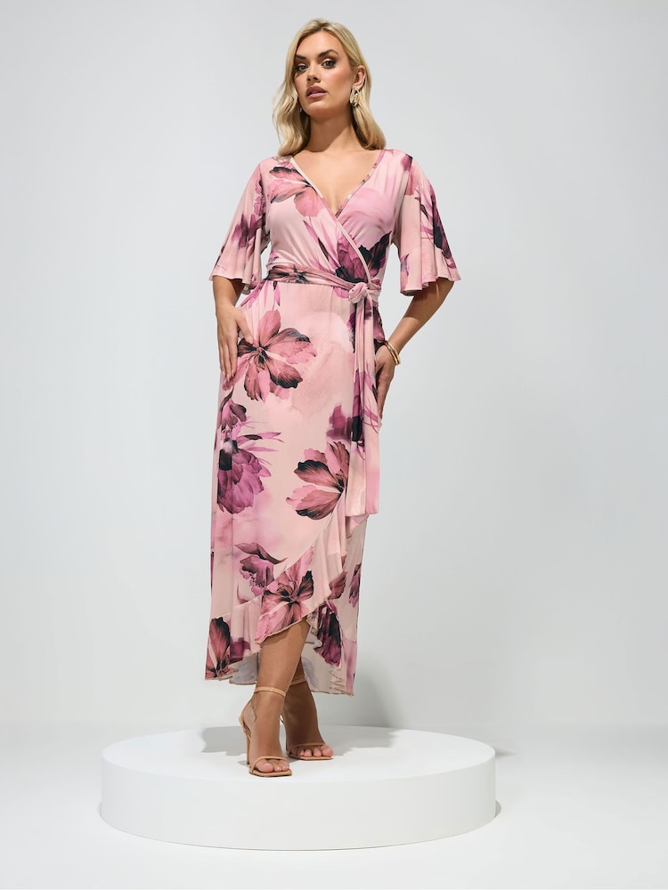 ピンク - Yours Curve London ぼかしフローラル ラップ フリル ITY ドレス - 画像 2 / 4