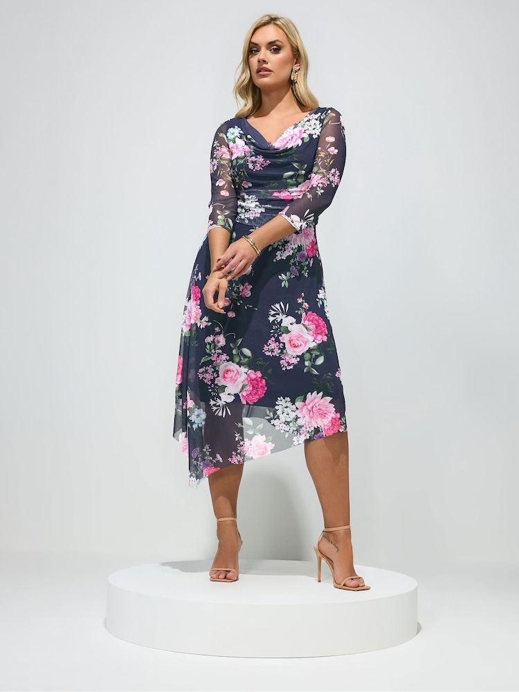 Yours Curve Blue London Floral Cowl Neck Asymmetric Mesh Dress - Image 2 of 5