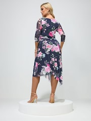 Yours Curve Blue London Floral Cowl Neck Asymmetric Mesh Dress - Image 3 of 5