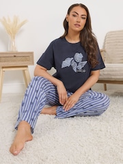 Yours Curve Blue Shell Stripe Short Sleeve Wide Leg Pyjamas Set - Image 1 of 4