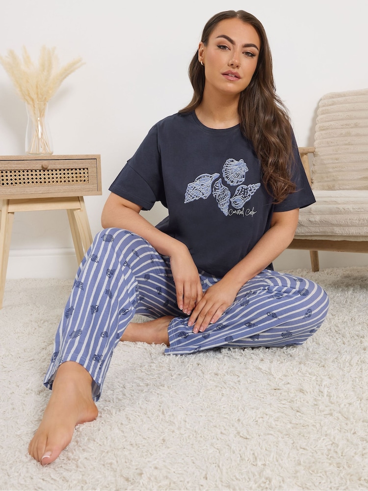 Yours Curve Blue Shell Stripe Short Sleeve Wide Leg Pyjamas Set - Image 1 of 4
