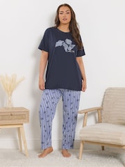 Yours Curve Blue Shell Stripe Short Sleeve Wide Leg Pyjamas Set - Image 2 of 4