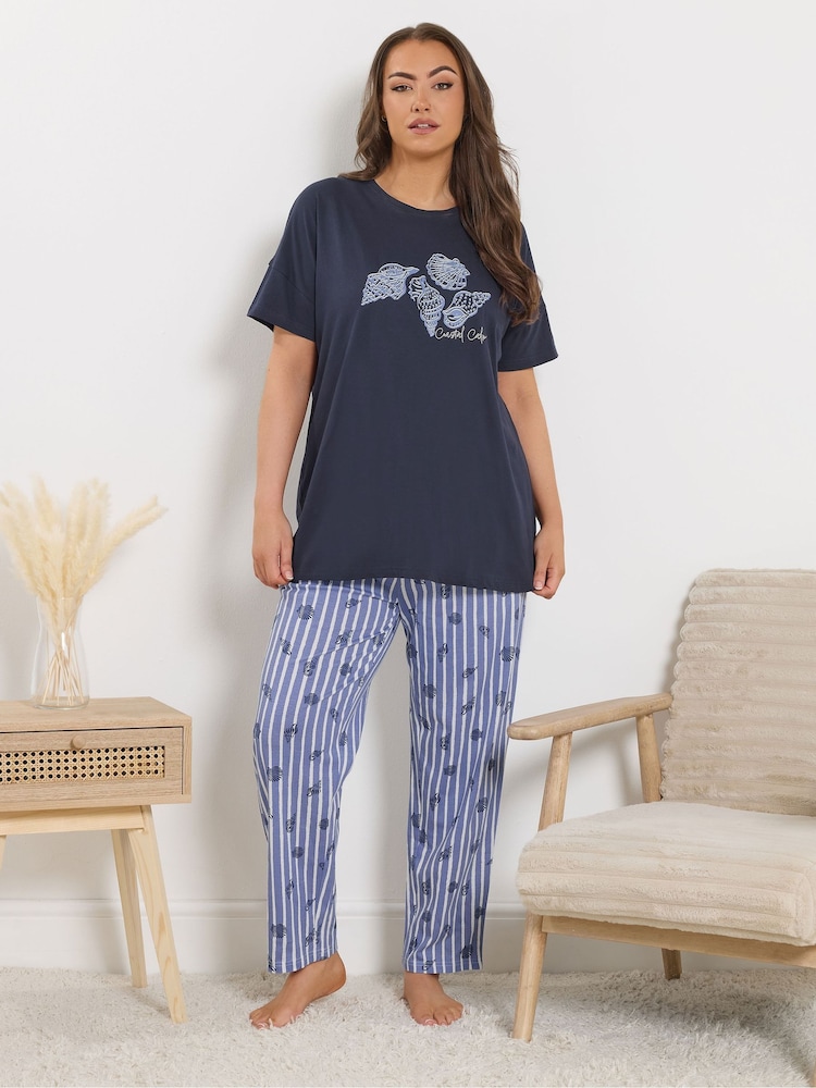 Yours Curve Blue Shell Stripe Short Sleeve Wide Leg Pyjamas Set - Image 2 of 4