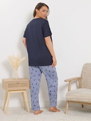 Yours Curve Blue Shell Stripe Short Sleeve Wide Leg Pyjamas Set - Image 3 of 4