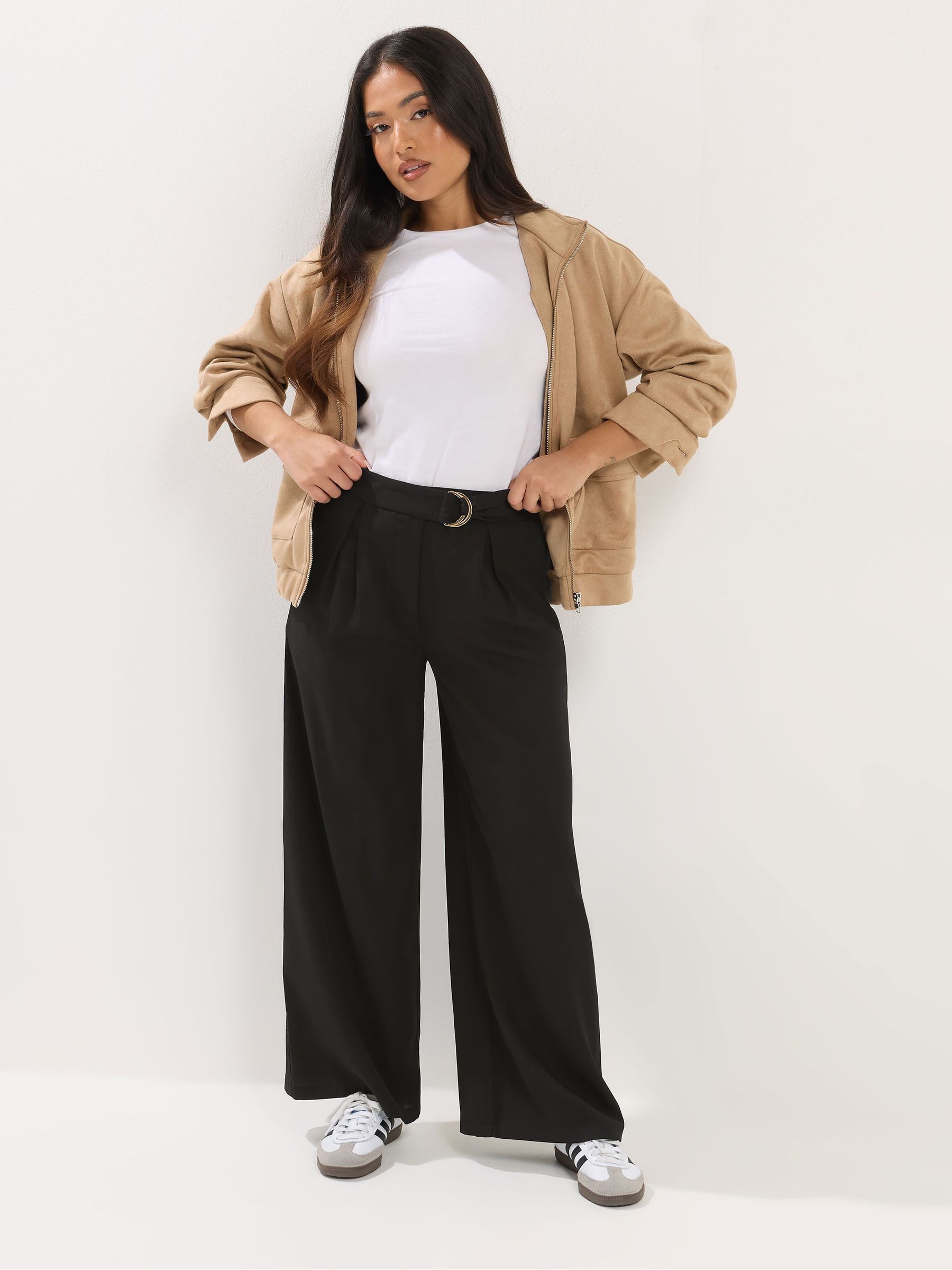Pixiegirl Petite Women's Black Self Belt Buckle Wide Leg Trousers