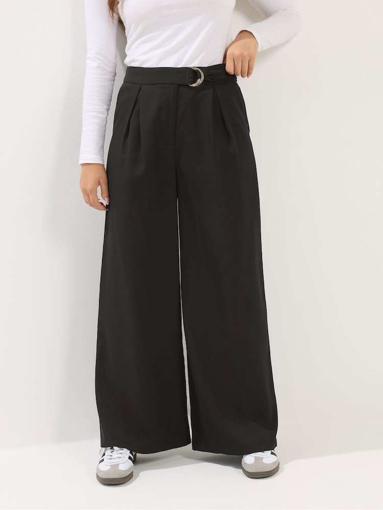 PixieGirl Petite Black Self Belt Buckle Wide Leg Trousers - Image 2 of 5