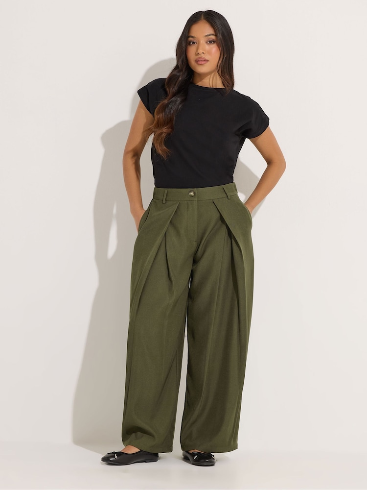 PixieGirl Petite Green Wrap Pleated Wide Leg Trousers - Image 1 of 5