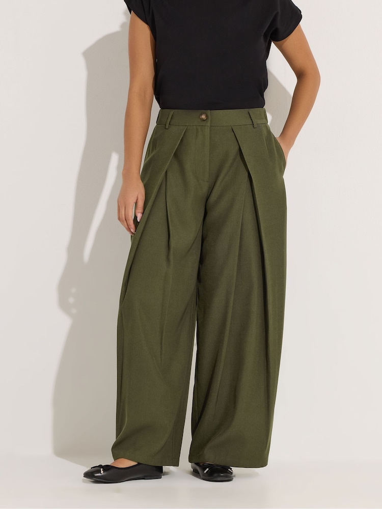 PixieGirl Petite Green Wrap Pleated Wide Leg Trousers - Image 2 of 5