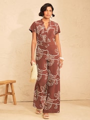 Love & Roses Rust Brown Tailored Notch Neck Short Sleeve Jumpsuit With Cornelli Embroidery - Image 1 of 5