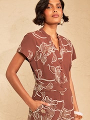 Love & Roses Rust Brown Tailored Notch Neck Short Sleeve Jumpsuit With Cornelli Embroidery - Image 2 of 5
