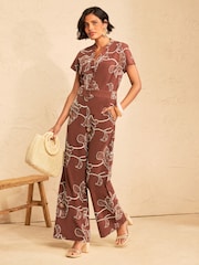 Love & Roses Rust Brown Tailored Notch Neck Short Sleeve Jumpsuit With Cornelli Embroidery - Image 3 of 5