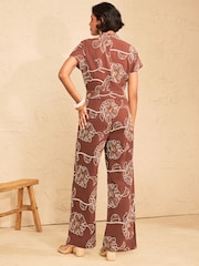 Love & Roses Rust Brown Tailored Notch Neck Short Sleeve Jumpsuit With Cornelli Embroidery - Image 4 of 5