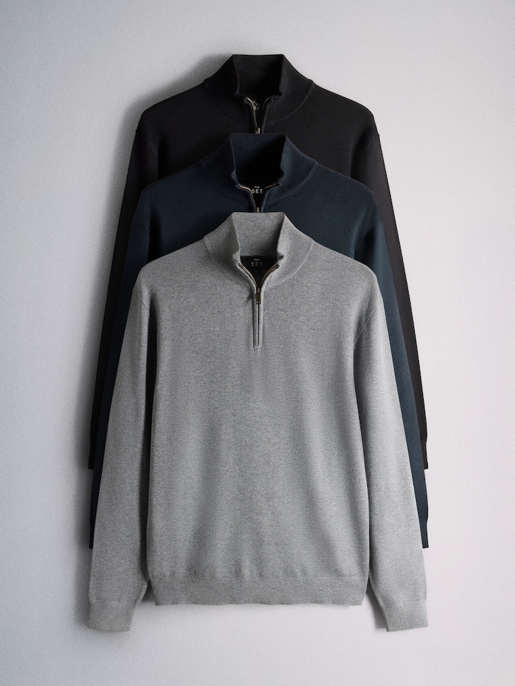 The Set 3 Pack Quarter Zip Knit Jumpers Black/Grey - Image 2 of 18