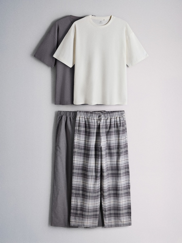 The Set 2 Pack Short Sleeve T-Shirt Check Bottom Pyjamas Charcoal Grey - Image 1 of 7 The Set 2 Pack Short Sleeve T-Shirt Check Bottom Pyjamas Charcoal Grey - Image 1 of 7