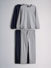 The Set 2 Pack Waffle Crew Neck Top and Joggers Lounge Pyjamas Set Navy/Grey - Image 1 of 7
