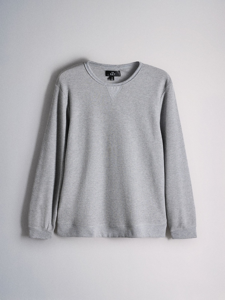 The Set 2 Pack Waffle Crew Neck Top and Joggers Lounge Pyjamas Set Navy/Grey - Image 2 of 7