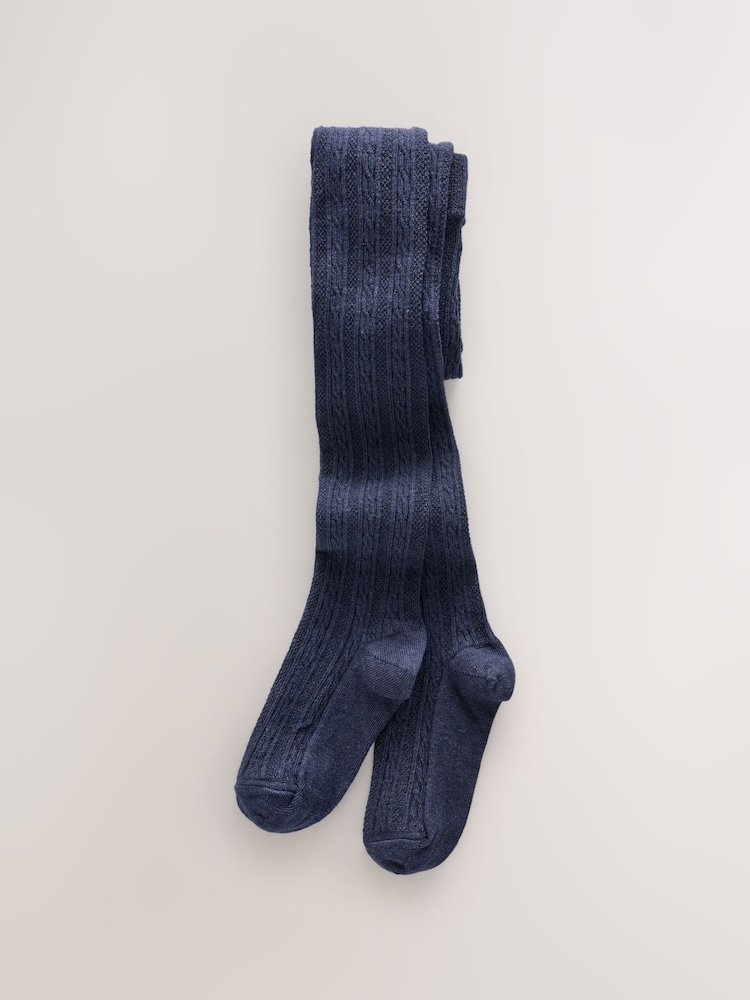 Navy Blue Longer Length Cotton Rich Cable Tights - Image 1 of 3 Navy Blue Longer Length Cotton Rich Cable Tights - Image 1 of 3