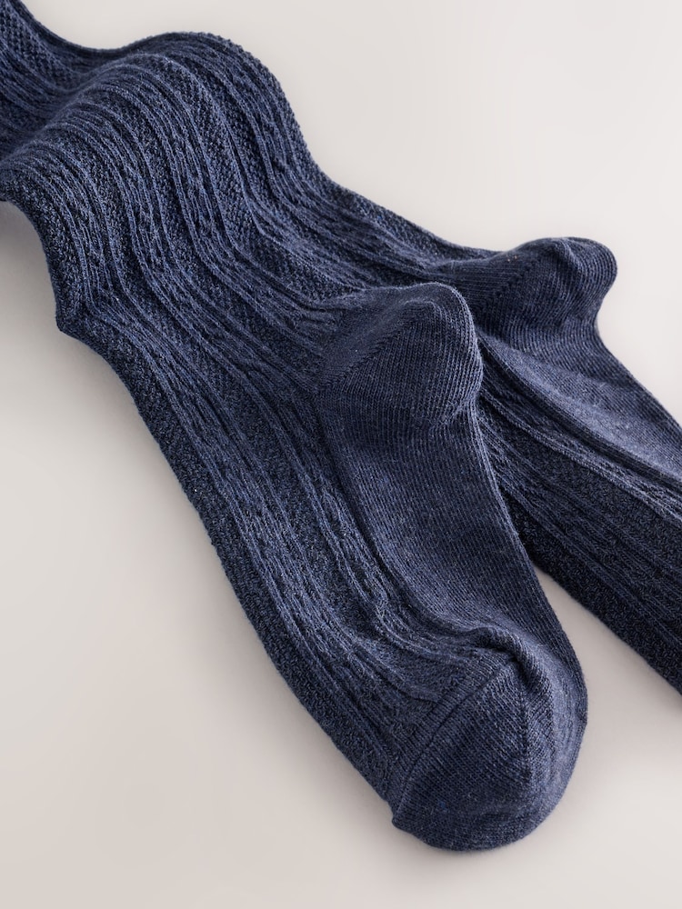 Navy Blue Longer Length Cotton Rich Cable Tights - Image 2 of 3 Navy Blue Longer Length Cotton Rich Cable Tights - Image 2 of 3
