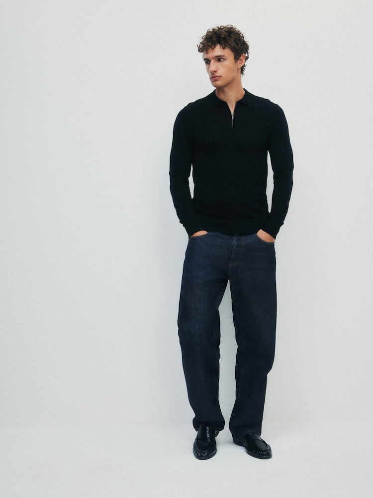 The Set Single Merino Knit Zip Neck Jumper Black - Image 2 of 7