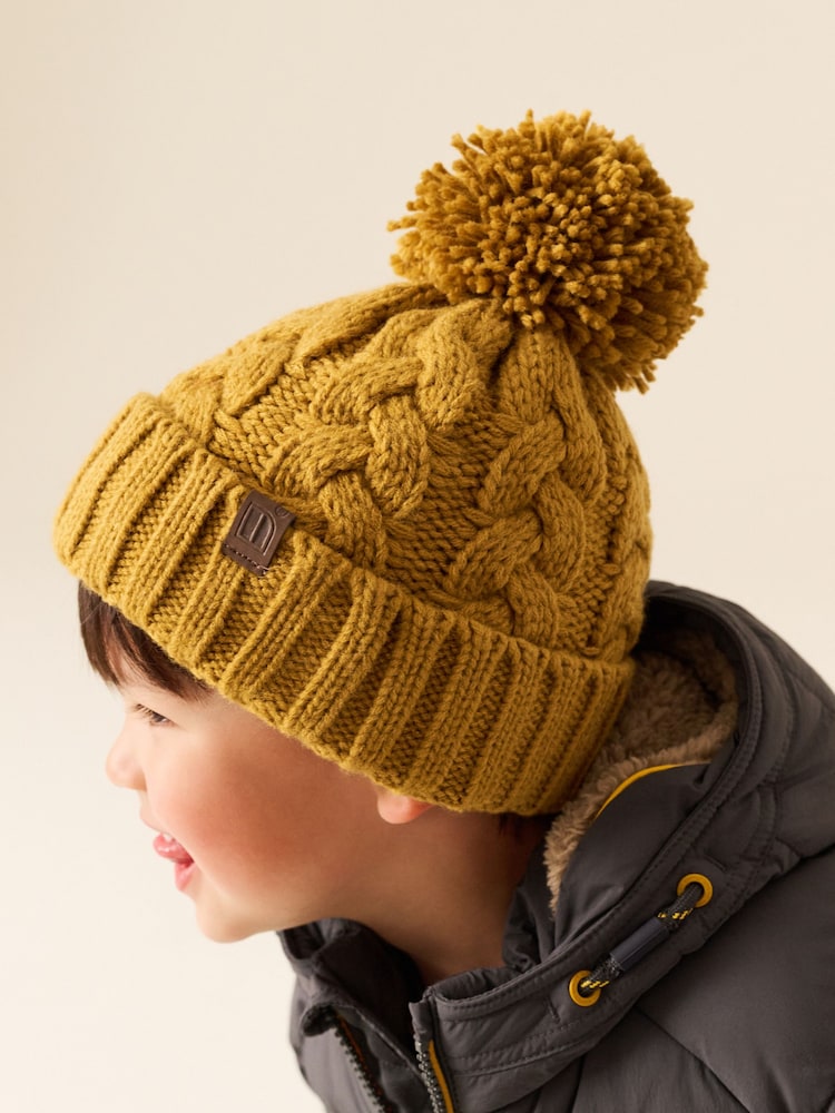 Ochre Yellow Cable Knit Pom Hat (1-16yrs) - Image 2 of 6 Ochre Yellow Cable Knit Pom Hat (1-16yrs) - Image 2 of 6