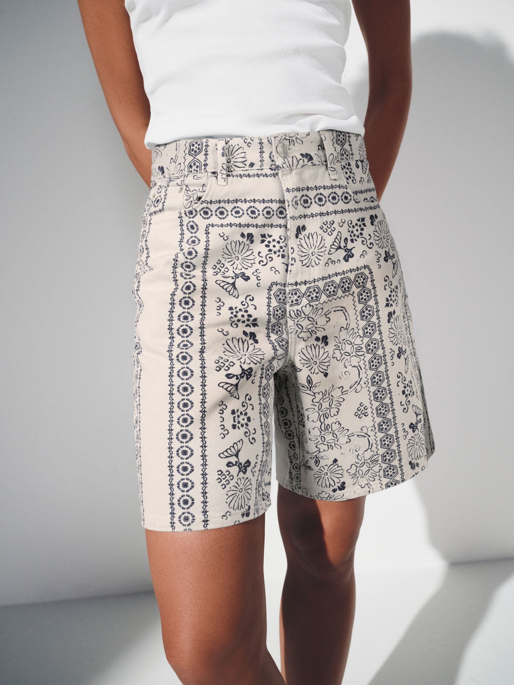 Buy Ecru/Navy Blue Bandana Print Bermuda Denim Jort Shorts from