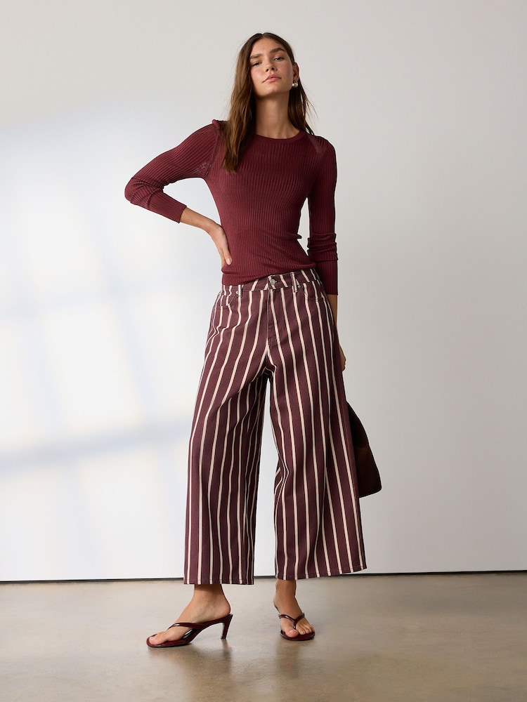 Marrone a righe - Jeans a gamba larga con orlo grezzo e taglio corto - Immagine 1 di 7