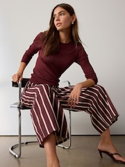 Marrone a righe - Jeans a gamba larga con orlo grezzo e taglio corto - Immagine 5 di 7